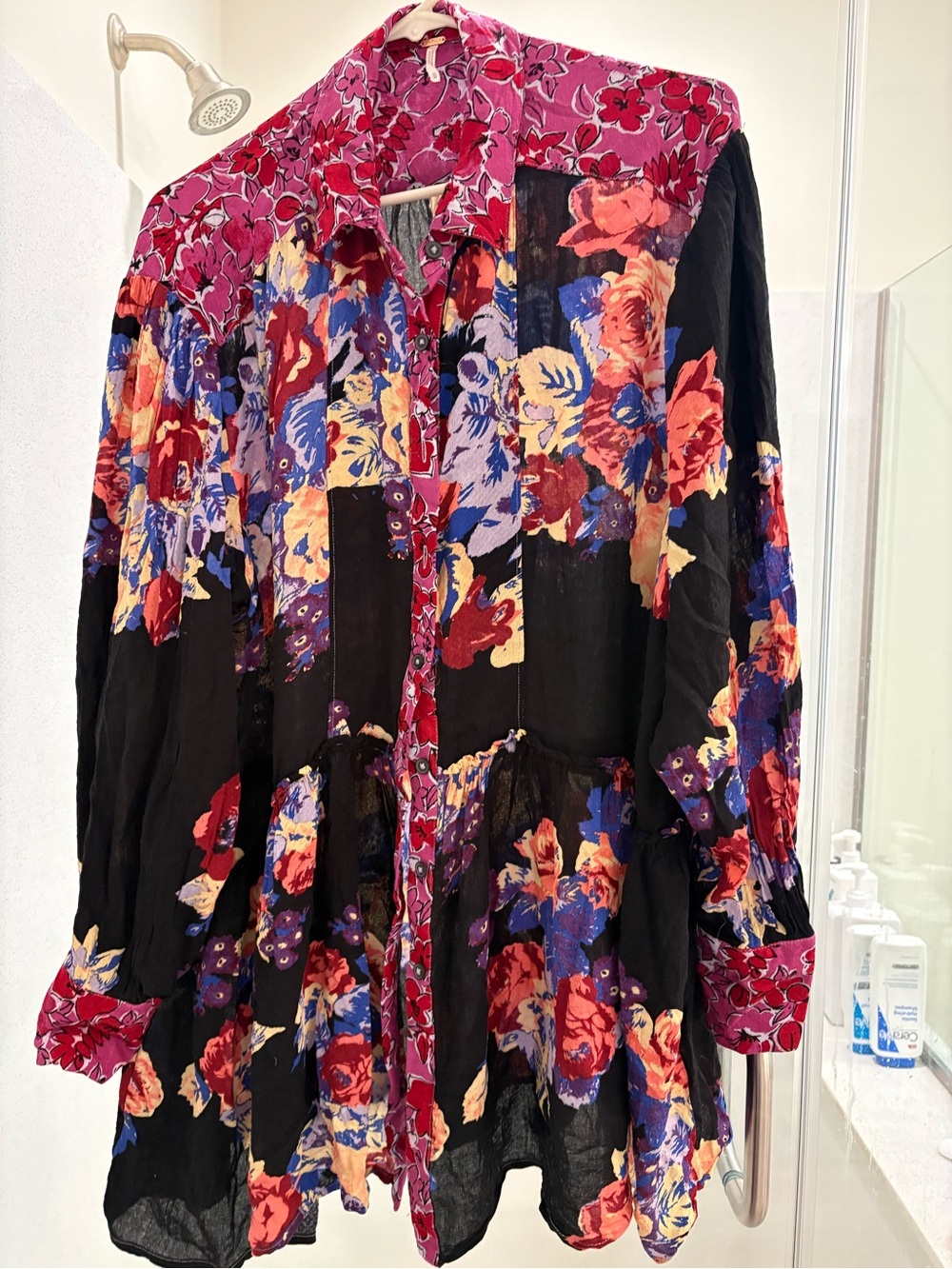 Free People Boho Floral Button-Front Tunic - Black, Pink, Red, Blue